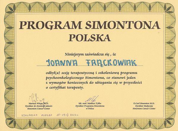 Certyfikat Terapeuty Programu Simontona